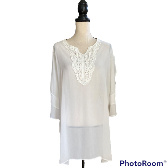 Boutique Other - Crochet Yoke Semi Sheer Swimsuit Coverup Tunic